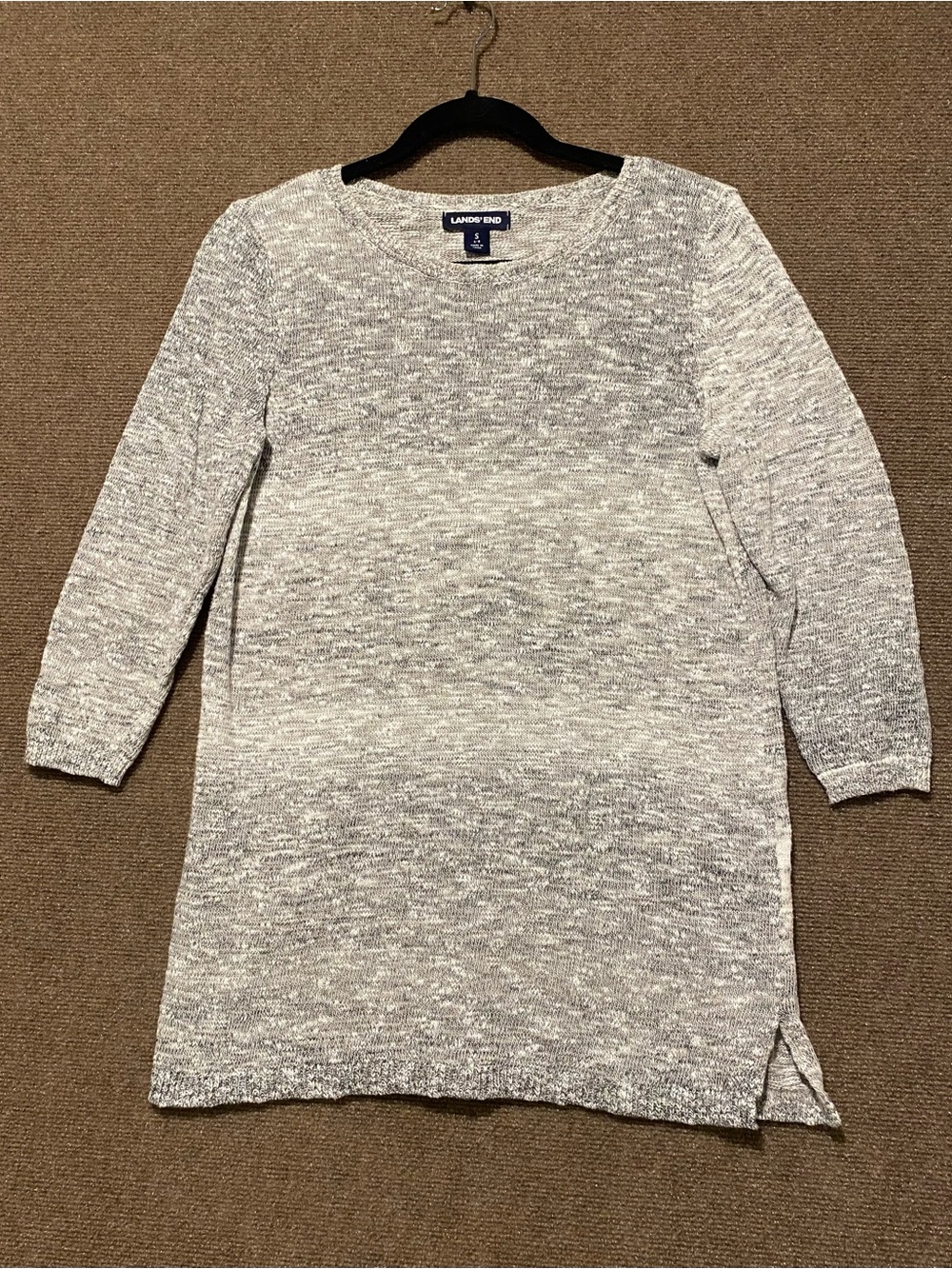 Lands' End Gray Marled Knit Tunic Sweater 3/4 Sleeve Small